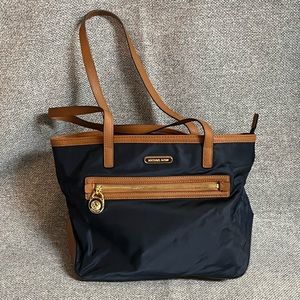 Coach satin tote bag! Navy with camel leather